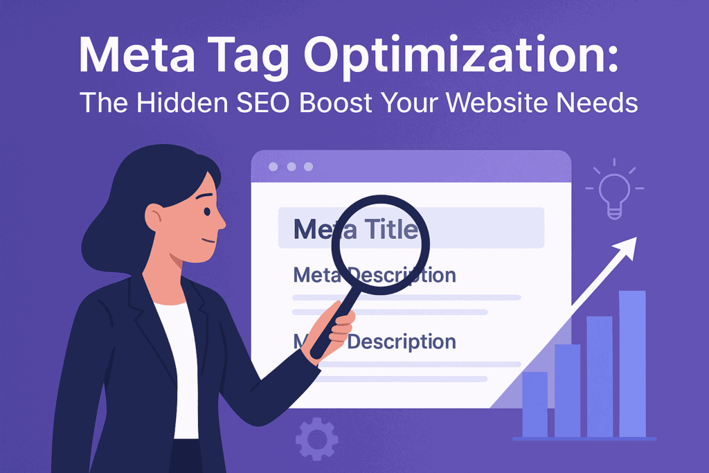 Illustration showing a person holding a magnifying glass over a webpage listing 'Meta Title' and 'Meta Description' with a rising bar chart and lightbulb icon, symbolizing SEO meta tag optimization benefits.