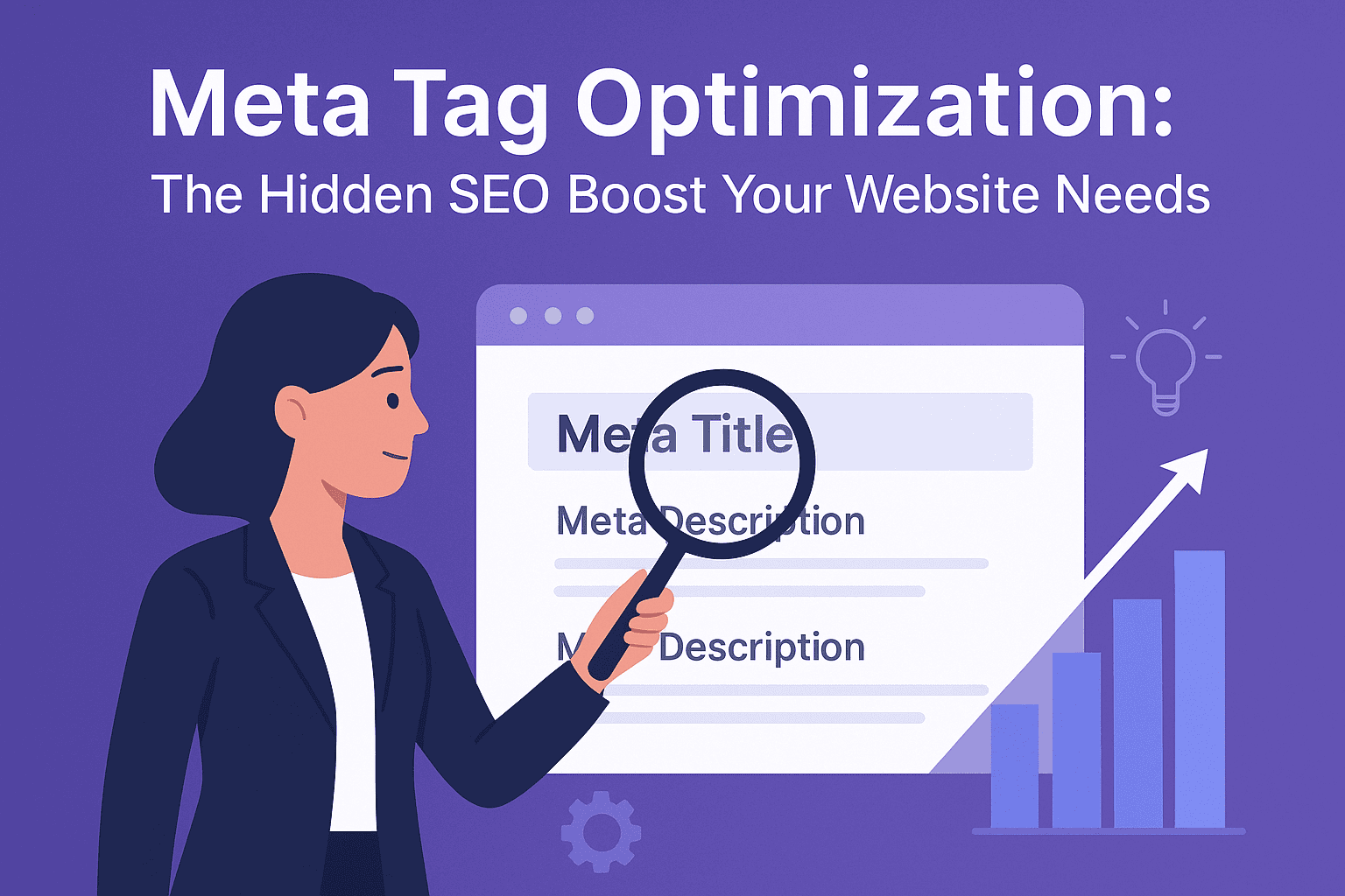 Illustration showing a person holding a magnifying glass over a webpage listing 'Meta Title' and 'Meta Description' with a rising bar chart and lightbulb icon, symbolizing SEO meta tag optimization benefits.