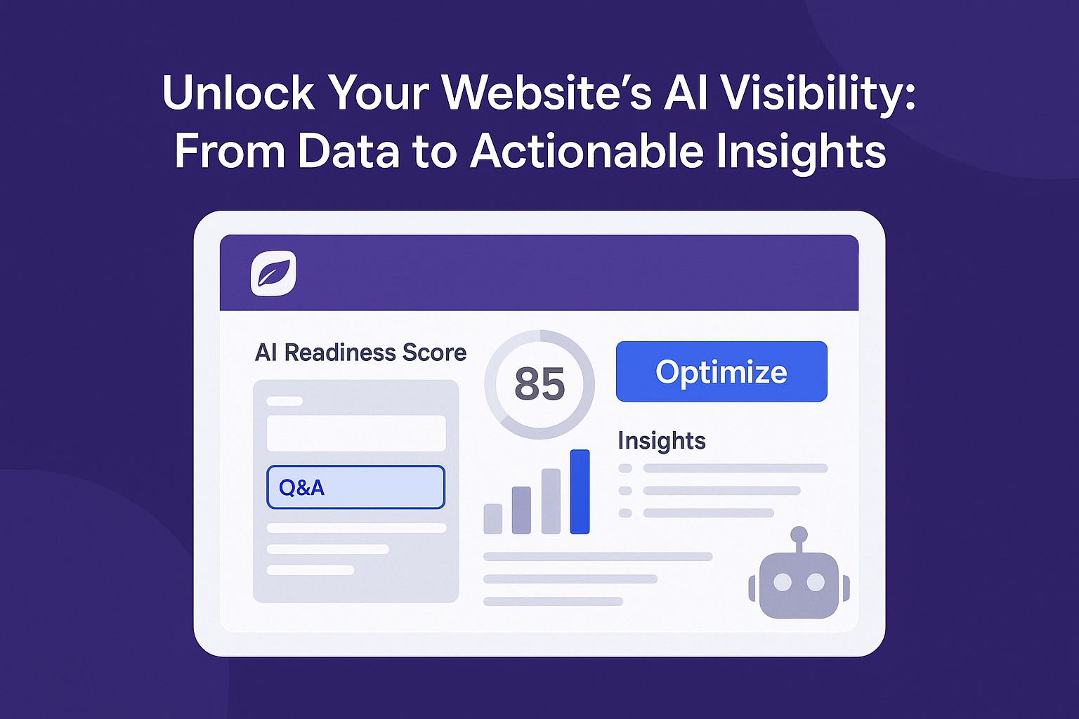 Dashboard interface showing an AI Readiness Score of 85 with a highlighted Q&A section, bar chart insights, and an Optimize button, illustrating a tool for improving website AI visibility.