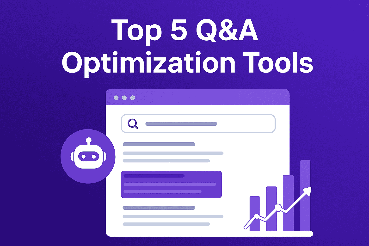 Illustration depicting a browser window with search results, a chatbot icon on the left, and a rising bar graph with an upward arrow, symbolizing AI-driven Q&A optimization tools improving search visibility and performance.