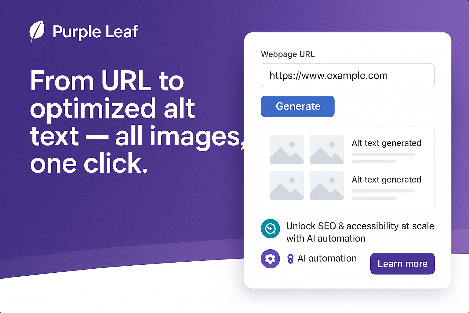 Purple Leaf promotional graphic showing a tool interface that generates optimized alt text for all images on a webpage from a URL with one click, highlighting AI automation for SEO and accessibility enhancement.
