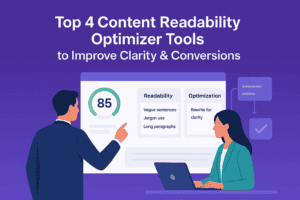 Illustration showing two people analyzing a digital dashboard titled 'Top 4 Content Readability Optimizer Tools to Improve Clarity & Conversions' with a readability score of 85 and notes on vague sentences, jargon use, long paragraphs, and a suggestion to rewrite for clarity.