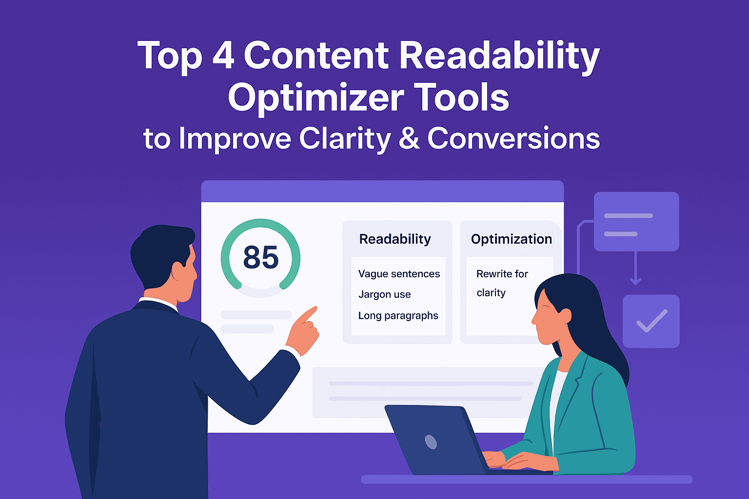 Illustration showing two people analyzing a digital dashboard titled 'Top 4 Content Readability Optimizer Tools to Improve Clarity & Conversions' with a readability score of 85 and notes on vague sentences, jargon use, long paragraphs, and a suggestion to rewrite for clarity.