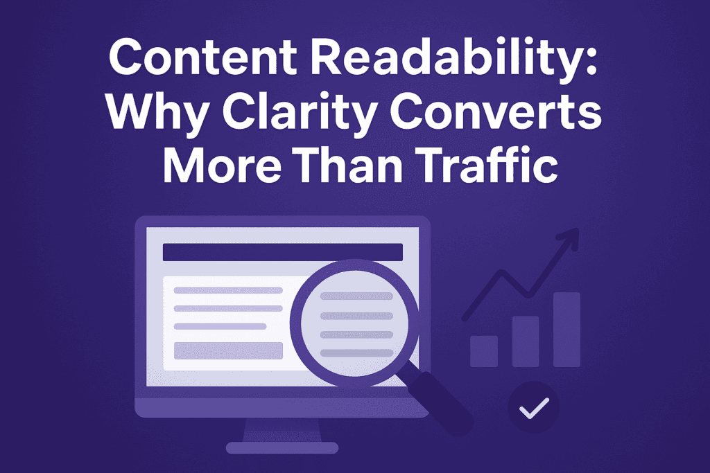 Illustration showing a computer monitor with text and a magnifying glass emphasizing clarity, alongside a rising bar chart with an arrow and a checkmark, symbolizing improved conversions through content readability.