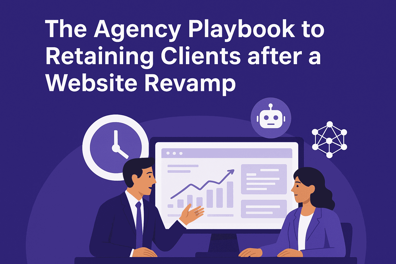 Illustration of a man and a woman in business attire discussing a rising bar graph on a large computer screen, with icons representing AI and networking above, titled 'The Agency Playbook to Retaining Clients after a Website Revamp'
