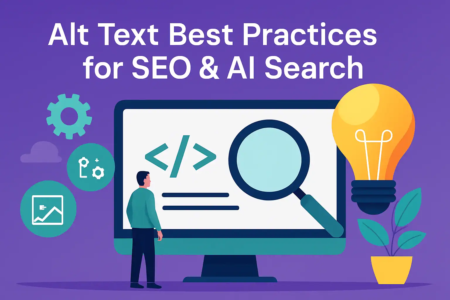 Illustration with the text 'Alt Text Best Practices for SEO & AI Search' above a person viewing a large computer screen displaying code symbols and a magnifying glass, surrounded by icons representing settings, security, and ideas, symbolized by a lightbulb and a plant.