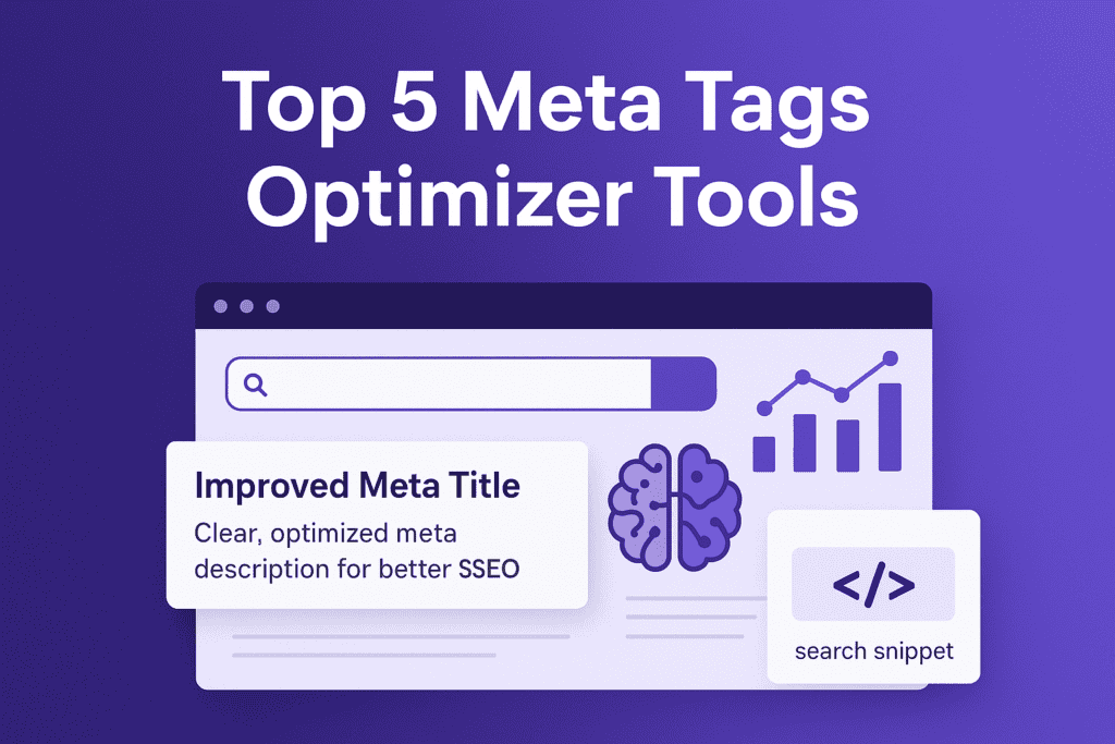 Illustration for top 5 meta tags optimizer tools showing a browser window with a search bar, a brain icon symbolizing AI, an improving bar graph, a callout reading 'Improved Meta Title: Clear, optimized meta description for better SEO', and a search snippet icon, conveying SEO optimization concepts visually.