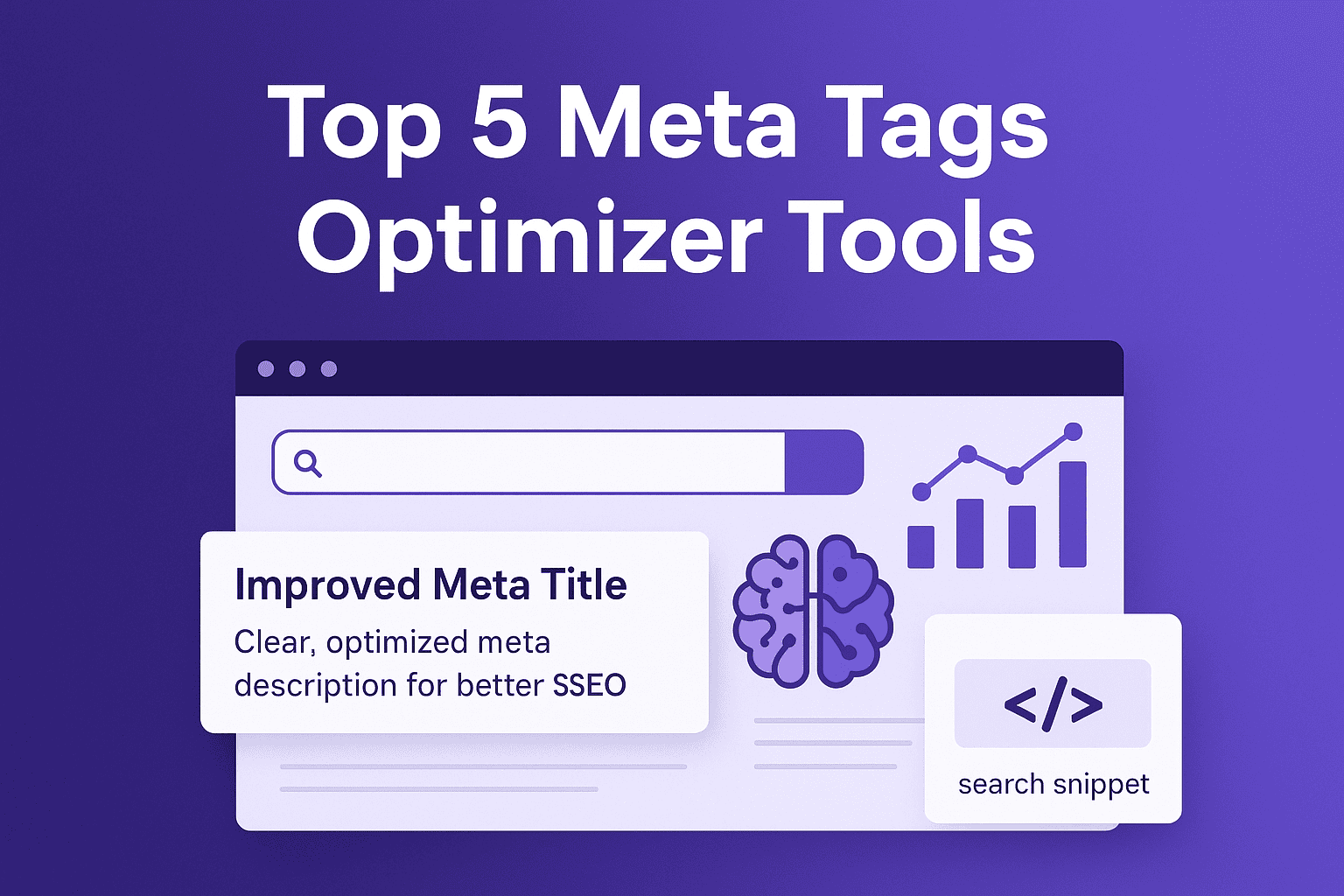 Illustration for top 5 meta tags optimizer tools showing a browser window with a search bar, a brain icon symbolizing AI, an improving bar graph, a callout reading 'Improved Meta Title: Clear, optimized meta description for better SEO', and a search snippet icon, conveying SEO optimization concepts visually.