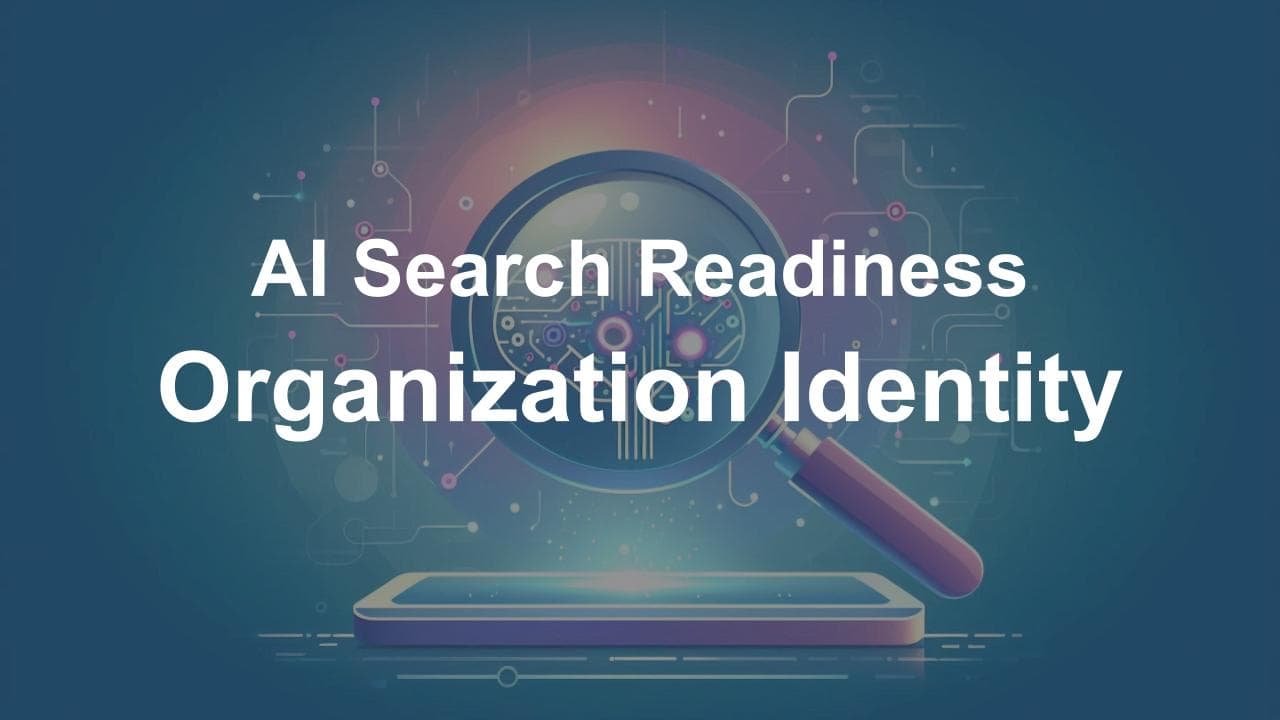 Illustration of a magnifying glass over a smartphone screen highlighting a digital brain, symbolizing AI search readiness and organizational identity.