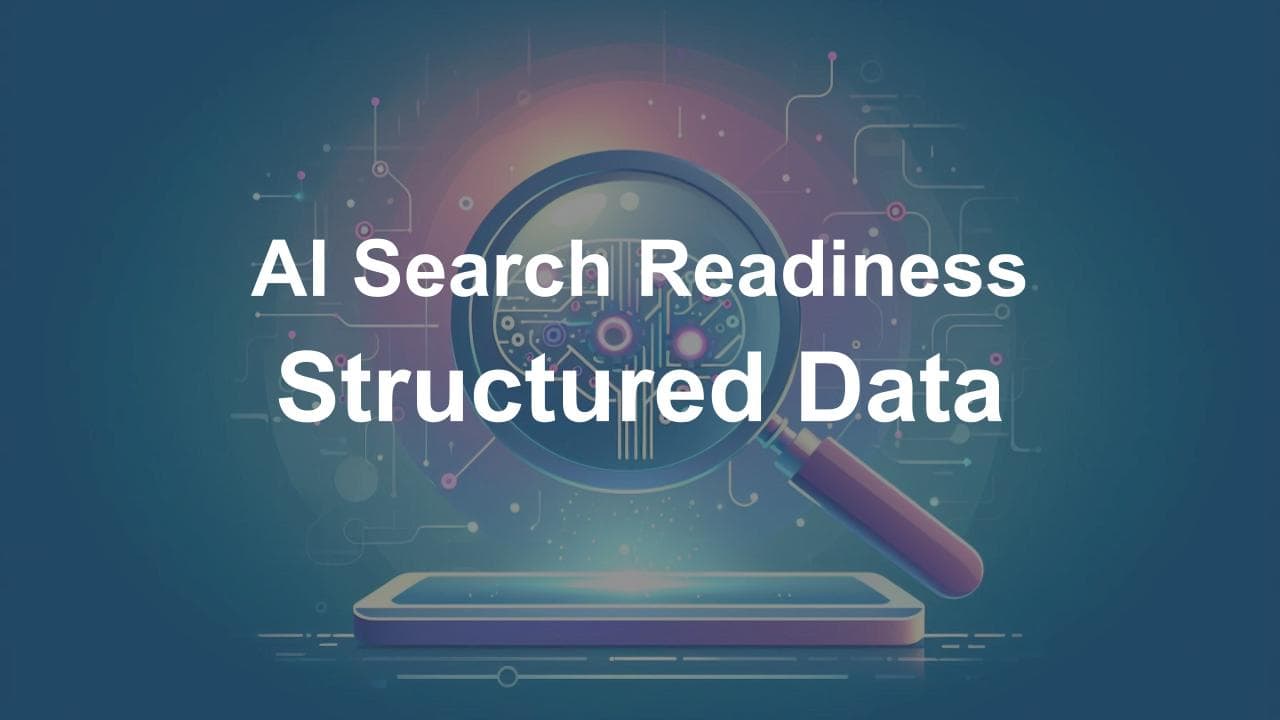 Illustration of a magnifying glass focusing on a digital brain above a smartphone, symbolizing AI search readiness through structured data.