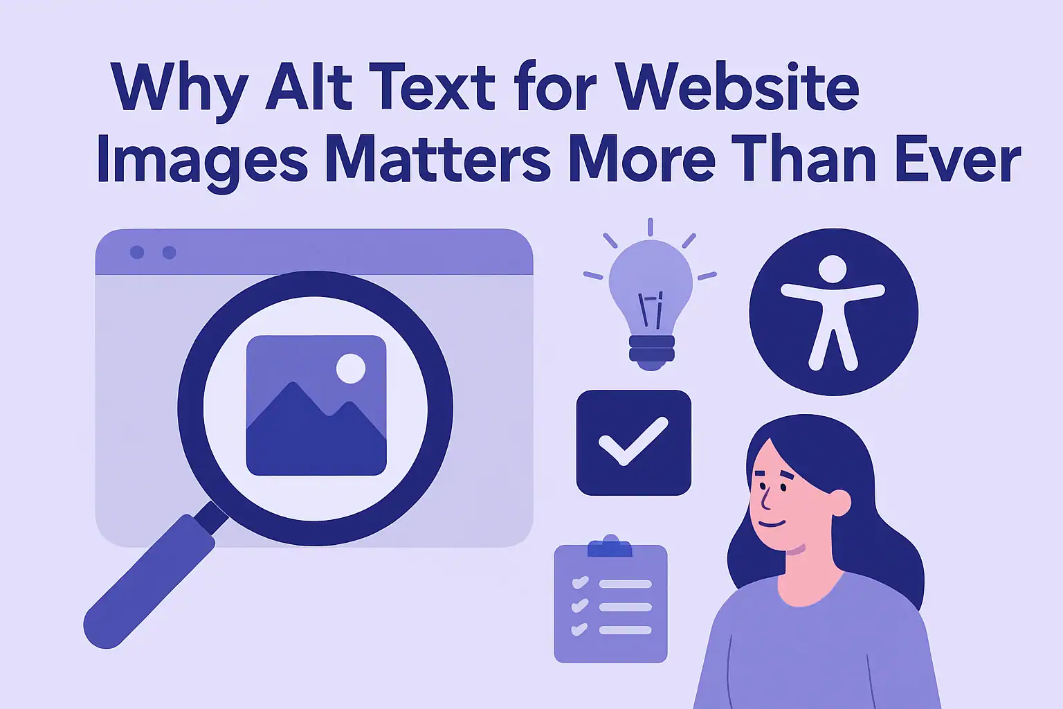 Graphic titled 'Why Alt Text for Website Images Matters More Than Ever' showing a browser window with a magnifying glass over a photo icon, a lightbulb, accessibility symbol, checklist, and a person representing awareness of alt text importance.