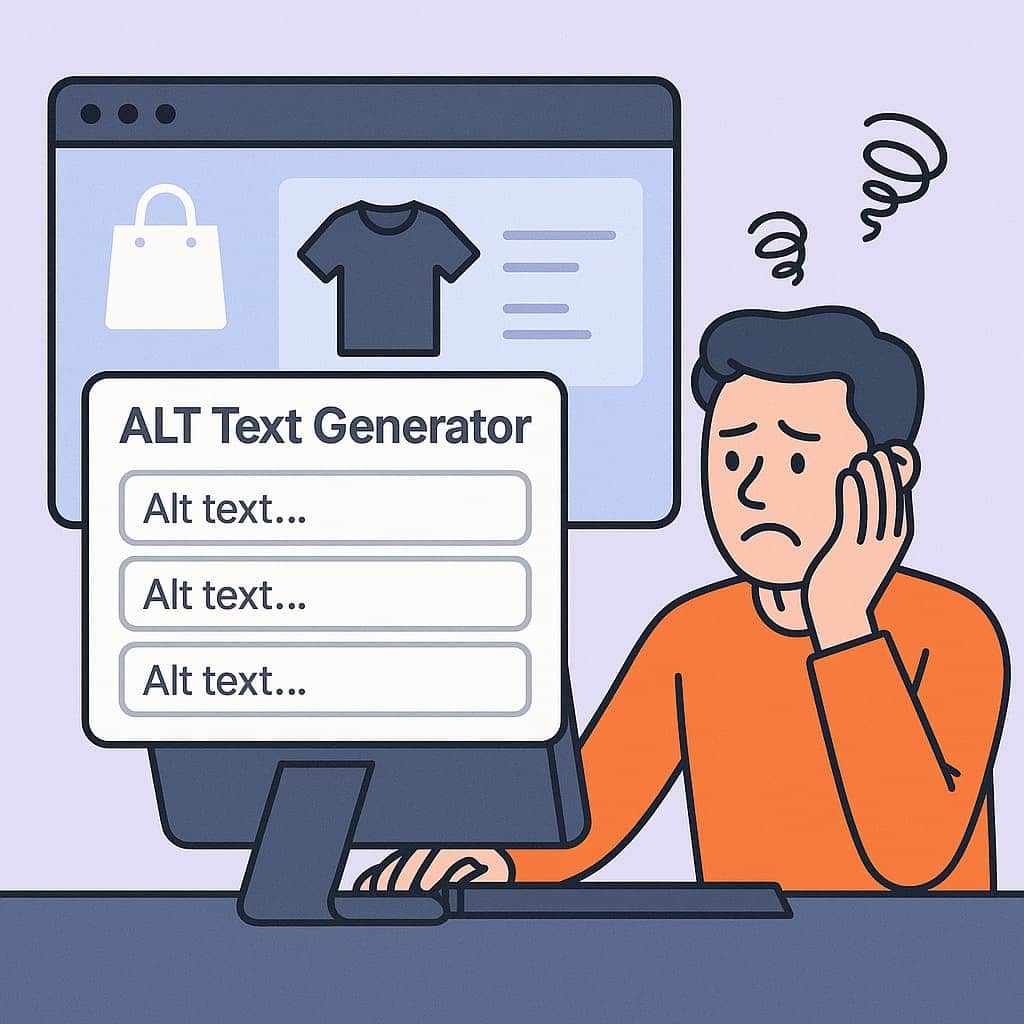 Illustration of a person at a computer overwhelmed by generating alt text, with a screen showing an 'ALT Text Generator' interface and a product image of a t-shirt in the background