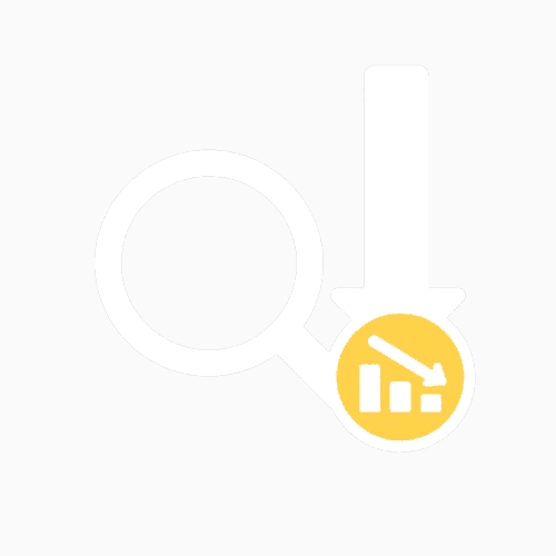 White magnifying glass icon with a downward arrow and a yellow circle containing a declining bar chart, symbolizing loss of traffic or visibility
