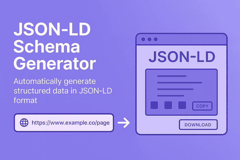 Illustration showing a webpage URL being converted into a JSON-LD structured data format with options to copy and download the generated schema, representing the JSON-LD Schema Generator tool.