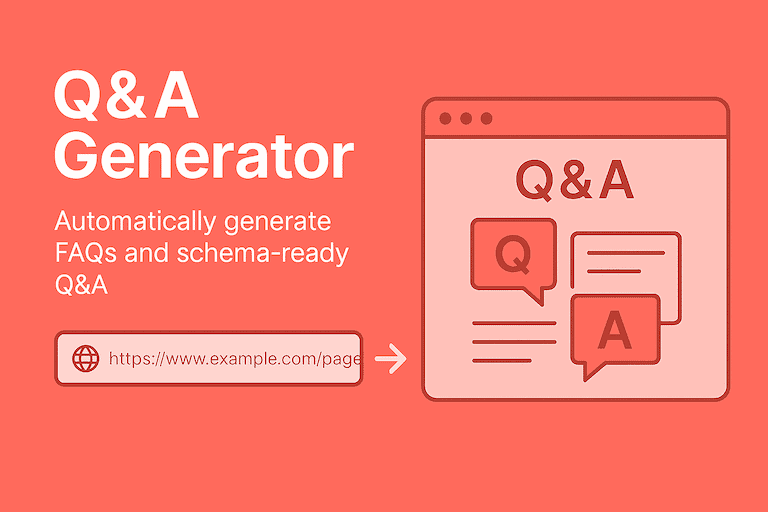 Illustration showing a webpage with Q&A speech bubbles labeled 'Q' and 'A', representing the Q&A Generator tool that automatically creates FAQs and schema-ready Q&A content for webpages.